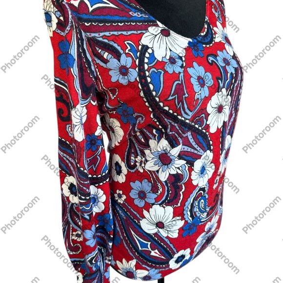 Talbots Small Red Blue Floral VNeck Merino Wool Long Sleeve Sweater - Picture 2 of 4